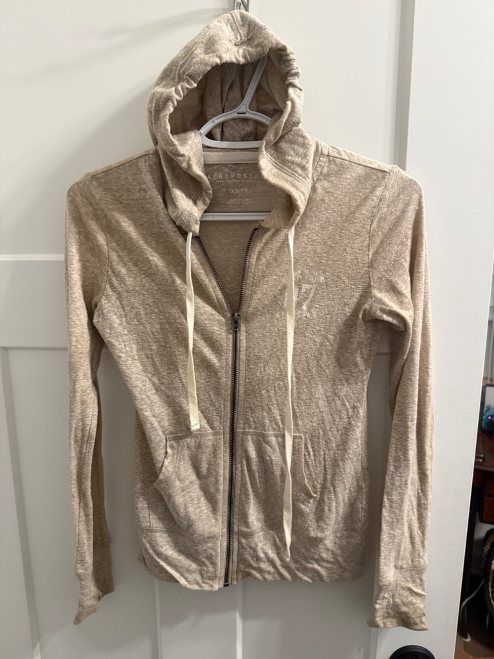 Aeropostale Beige Zip-Up Hoodie Jacket with Drawstring